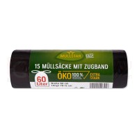 Abfallsack Öko, 60 L, schwarz, LDPE, 64x70 cm, Zugband, extra strong, 30 my, 15 Stk.