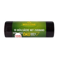 Abfallsack Öko, 120 L, schwarz, LDPE, 70x100 cm, Zugband, extra strong, 40 my, 10 Stk.