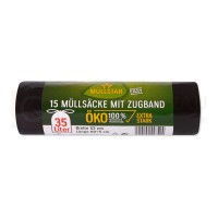 Abfallsack Öko, 35 L, schwarz, LDPE, 53x60 cm, Zugband, extra strong, 30 my, 15 Stk.